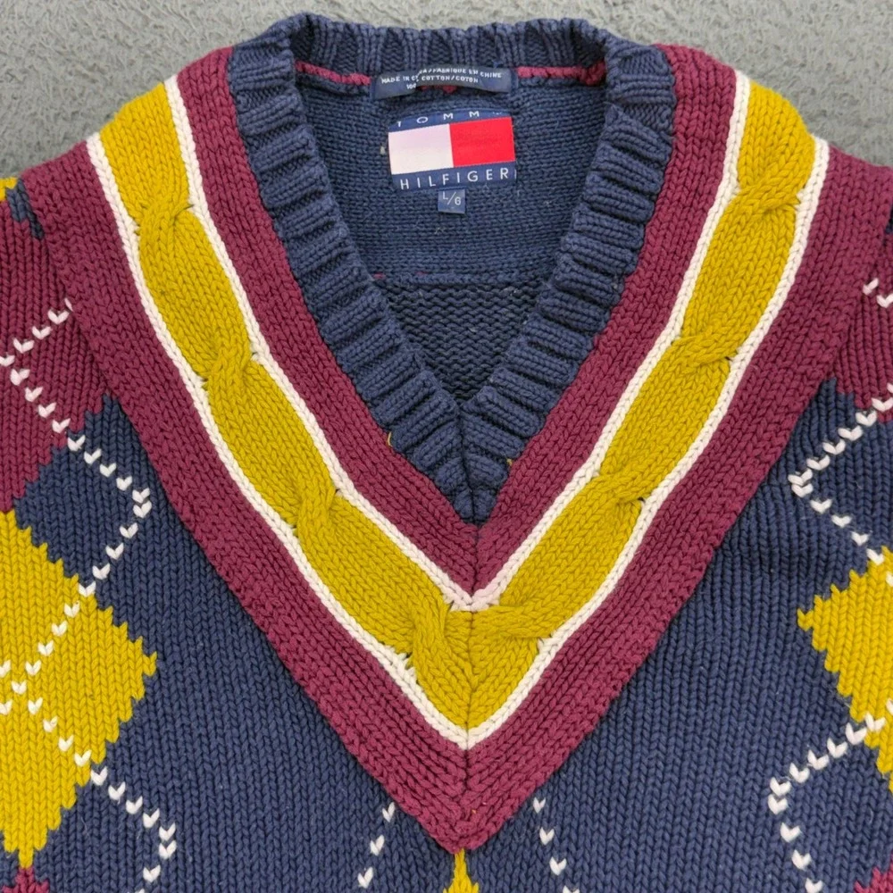 Tommy Hilfiger Sweater Mens L Blue Argyle V-Neck Cotton Knit Pullover Preppy Y2K
